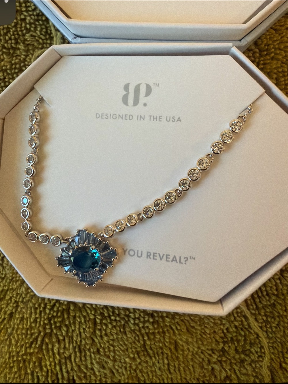 bp Silver Necklace with Teal Center Crystal and Clear Accents